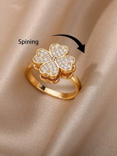1pc Zirconia Heart Four Leaf Clover Spinner Rings For Women Stainless Steel Anti Stress Anxiety Fidget Ring Jewelry Christmas Gift Valentines,Mom,Mother,Mother's Day,Gift