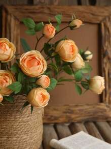 1 pièce Fleur artificielle réaliste en PU ressemblant à de la soie avec 4 fausses roses roses et blanches - Décoration de maison de style ferme moderne pour mariage, Pâques, fournitures de fête de printemps - Décoration de chambre, salon, jardin et mur de style vintage pour l'automne