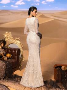 Faeriesty Haute Glamour Gorgeous Beaded Mermaid Evening Gown With Sheer Long Sleeves & Cascading Arc Pearl Chain For Luxury Evening Galas & Glamorous Banquet Debut