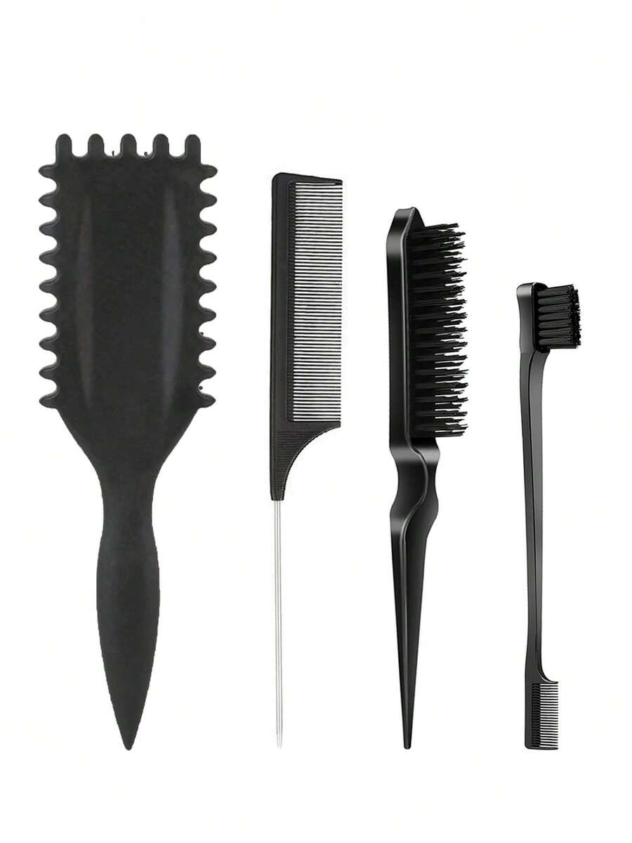 4件套卷发刷套装，包含侧刷、鼠尾梳和双头梳。适合男士、女士和儿童，适用于所有发质，卷发丰盈梳，日常美发造型工具，顺发梳 - 彩色 - 查看 1
