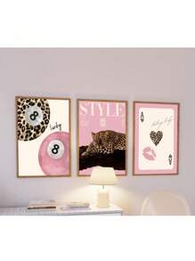 3pcs Leopard Cheetah Wall Art Picture 8 Ball Lucky Prints Canvas Paintings Pink Girly Posters Preppy Chic Luxury Decor For Bedroom, Living Room, Or Dorm Room Decor Gift For Her Optional Frame ,Wall Art With Frame