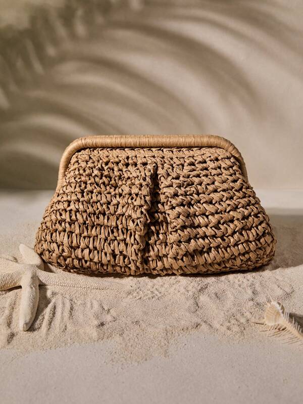 Tropiscape Bolso de paja con diseño fruncido, bolsos esenciales para mujer para vacaciones y vacaciones, vibraciones de vacaciones, relax en la playa