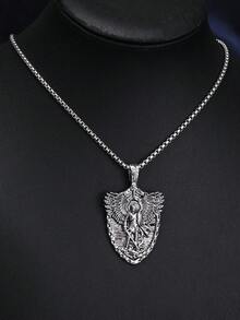 1pc Men's Stainless Steel Vintage Style Saint Michael Sword Shield Pendant Necklace, European & American Titanium Steel Angel Necklace Jewelry, Suitable For Daily Wear