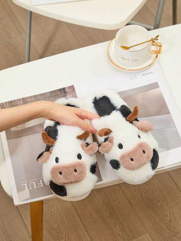 Pantofole di peluche con motivo animale cartoni animati, calde e antiscivolo, comfort alla moda con motivo mucca