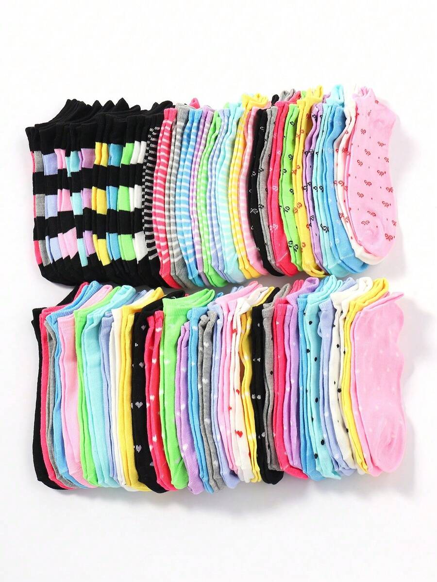 随机5/10/20双蝴蝶结爱心图案男女通用情侣运动袜隐形袜中筒袜春夏假日礼物 - 彩色 - 查看 1