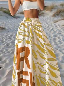 Gonna a metà plissettata da donna in stile vintage boho, con stampa di pesci per occasioni casual, vacanza, brunch, adatta per la primavera-estate