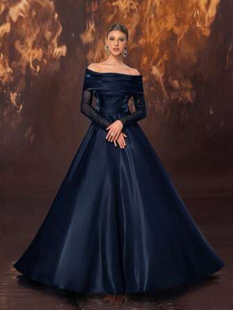 YISIKADO Women's Formal Ballroom Evening Dress, Elegant Satin & Mesh Bead One Shoulder Party Gown