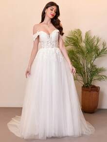 舞会礼服/公主款拖尾薄纱蕾丝婚纱，情人节 - 米色 - 查看 4