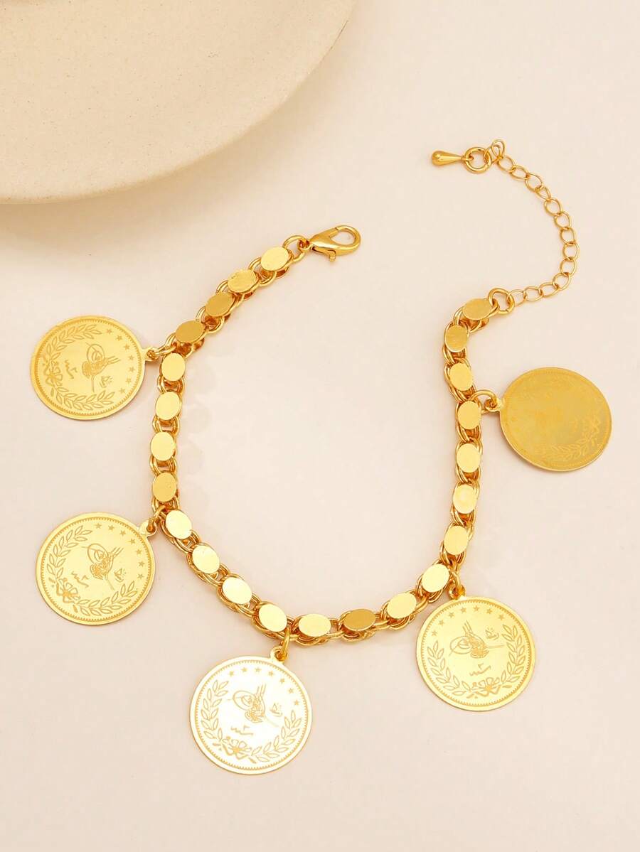 1 pièce Bracelet pièce de monnaie doré à la mode dans un style moyen-oriental pour accessoires de bijoux pour femmes et hommes pour mariage et fête, convenant pour un port quotidien