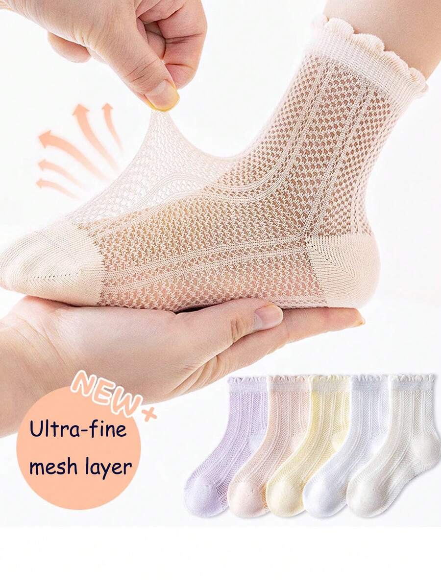 5pairs Summer Lightweight Mesh Children's Socks For Girls, Featuring Breathability, Sweat Absorption And Odor Resistance. - Multicolor - View 1