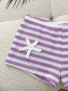 Women Striped Knitted Crochet Decor Shorts, Casual Spring/Summer Beach/Vacation