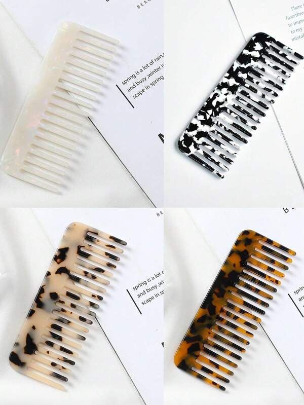 1pc Mermaid Color Textured Acrylic Wide Tooth Comb, Black & White Speckled Pattern, Anti-Static, Portable Tortoiseshell Hair Brush