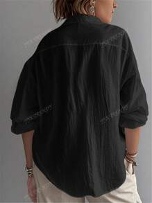 Camicia da donna monocolore, casual, a maniche lunghe a palloncino, colletto a camicia, top regolare, con patchwork e bottoni per uso quotidiano