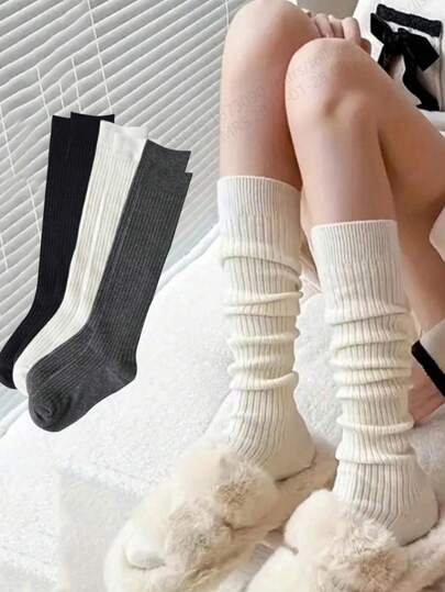 3 Pairs Women's Knitted Socks Solid Color Vertical Bar Warm Knee Length Socks Harajuku Fashion Lolita Socks, Y2k