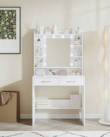 HEXCELEN Dressing Table With Mirror And Led Light, Adjustable Brightness, Dressing Table With Shelves And 2 Drawers, For Bedroom, Living Room, 40 X 80 X 149 Cm - 白色 - 查看 2