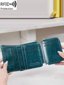 MIYIN 复古油蜡女士钱包，RFID 防盗短款三折钱包，带信用卡夹层，时尚按扣零钱包带拉链口袋，商务休闲，教师节礼物，周年纪念日礼物，生日礼物，女士钱包，白领女士钱包，钱包，小钱包，RFID 防盗钱包 - 水鴨藍 - 查看 9