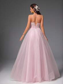 VIPGIRL Elegant Light Pink Asymmetrical Neck Beaded Tulle Prom Dress For Women, A-Line Evening Gown With High Slit, Dreamy Formal Ball Gown, Mesh Graduation Party Dress,Women's Formal Wear,Formal Long Dress, For Wedding Guest - 淡紫色 - 查看 2
