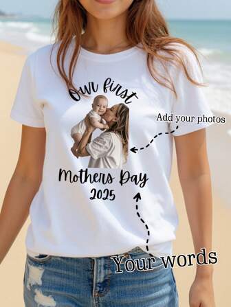 Camiseta personalizada para mujer - Agrega tu propio texto e imágenes, ropa minimalista de primavera/verano, personalizada (foto familiar/selfie/foto de mascota/foto de amigos/foto de fiesta) texto/bendición/nombre personalizado, de moda, minimalista, casual única, ropa deportiva casual