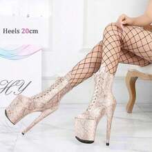 20cm Two Tone Classic Serpentine Fine High Heels, Ultra High Waterproof Platform Strap Steel Tube Dance Shoes, Fashion Queen Short Boots,High Heels For Woman - Apricot - View 1