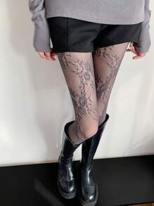 1 pieza Medias vintage de mujer con jacquard de encaje y rosas florales, pantalones ajustados de alta elasticidad, pantimedia transparente y estilizadora
