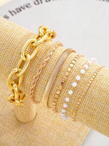 6/11/12pcs Set Faux Pearl, Snake Chain, Twisted Chain, Smooth Round Disc, Rhinestone Bling Bling Curvy Chain, Wide Chunky Metal Bracelet, Fashion Elegant Vintage Design, Suitable For Holiday, Party, Date, Gift, Daily Wear - Yellow Gold - View 3