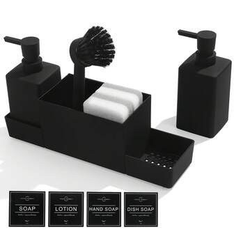 6pcs/Set Kitchen Sink Countertop Organizer Set, Plastic Soap Dispenser With Sponge Holder, Dish Brush, Sponges And Storage Tray, Modern Design For Home Cleaning Bathroom Decor Fall Decor Bathroom Accessories Back To School