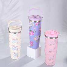 1pc Floral Stainless Steel Vacuum Insulated Travel Mug, Large Capacity Outdoor Cup