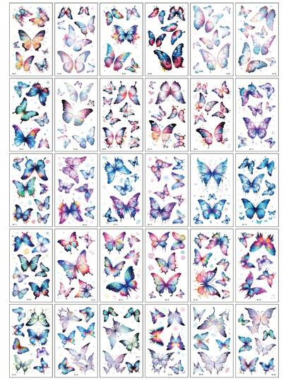 1 Set Of 30pcs Colorful Butterfly Temporary Tattoo Stickers, Lifelike Butterfly Designs Can Be Applied To Eyes, Face, Neck, Shoulders, Chest, Arms, Ankles, Suitable For Women On Holidays, Makeup Parties, Waterproof & Long-Lasting