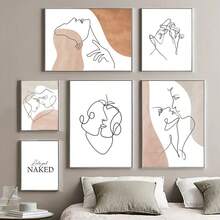 1pc Heart Hands Line Girl Boy Abstract Nordic Posters Wall Art Canvas Painting Pictures For Living Room Decoration Optional Frame ,Wall Art With Frame - Multicolor - View 4