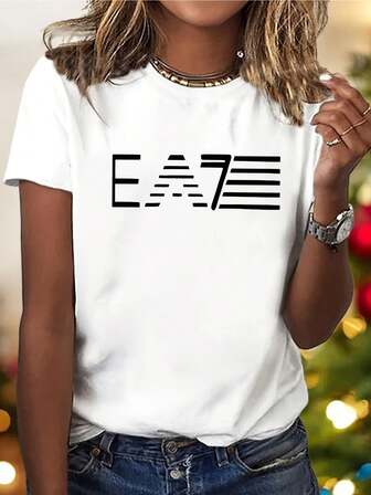 Women's Fashionable Artistic Letter Print Crew Neck Short Sleeve Casual T-Shirt
