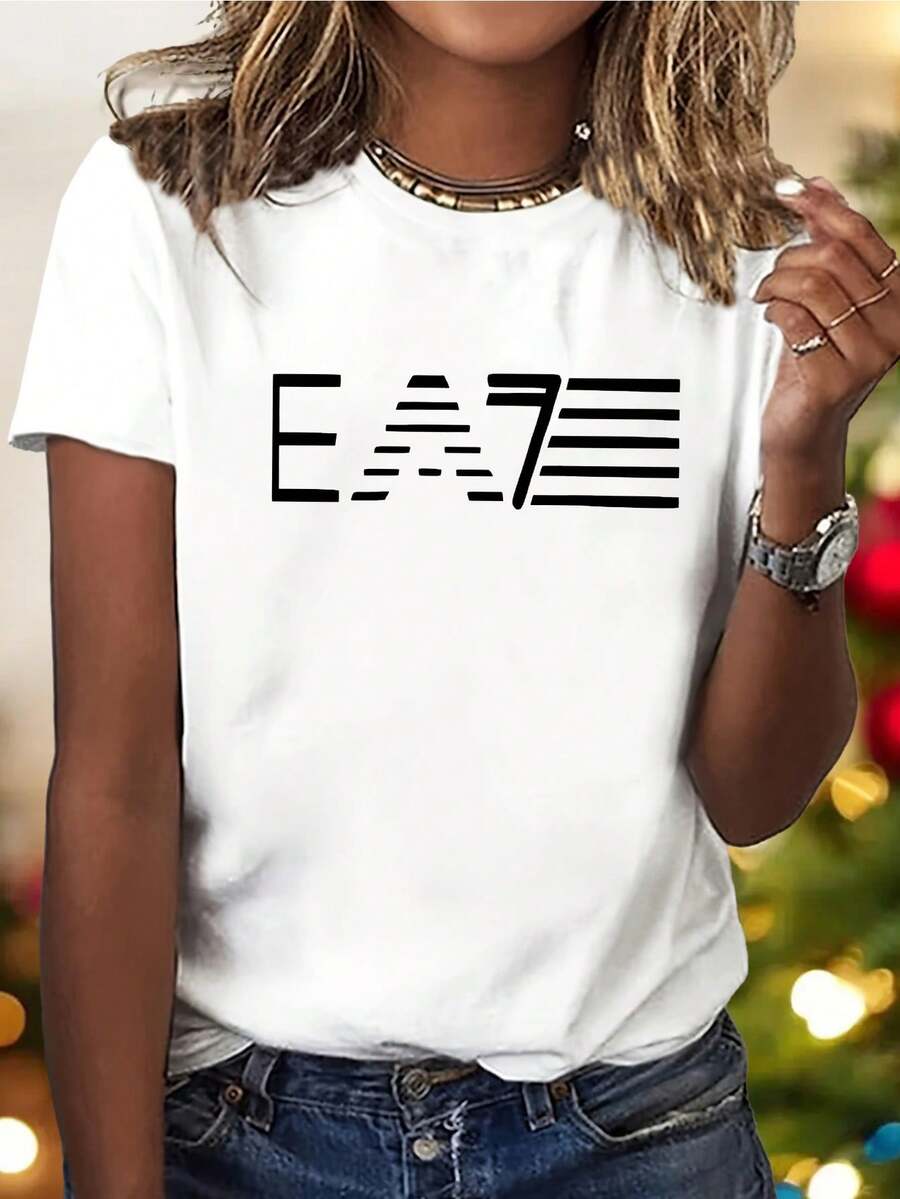 Women's Fashionable Artistic Letter Print Crew Neck Short Sleeve Casual T-Shirt
