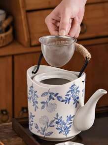 1 Set de tetera con taza de té de estilo japonés, con capacidad grande y asa con diseño floral, juego de té de porcelana blanca gruesa y vintage con filtro, tetera de cerveza de restaurante, de vuelta a la escuela