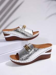 Elegant Wedge Slide Sandals For Women, Woven Sole Strap Hollow Vacation Style Outdoor Solid Color Slippers, Fashion, Comfortable, Elegant, Casual, Beach, Wedge, Platform Sandals, Plus Size - Silver - View 2