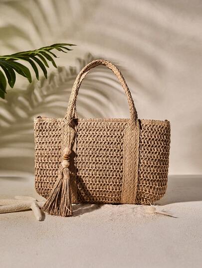 Tropiscape Túi Tote Dệt Thủ Công Thời Trang Mới, Thiết Kế Trang Trí Tua Rua, Túi Đi Biển Dung Tích Lớn, Túi Giỏ Đa Năng, Thiết Kế Lô Nhỏ Độc Đáo, Sử Dụng Hàng Ngày, Quà Tặng Giáng Sinh Mùa Thu Mùa Đông Giáng Sinh