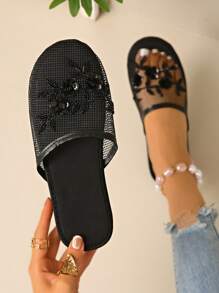 2025 New Handmade Beaded Slippers, Black High-End Slippers, Fashion House Slippers, Closed Toe Slippers, New Women's Bestselling Embroidered Breathable Mesh Round Toe Flat Slip-On Mules