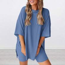 Women's Summer Two-Piece Set 2025  Casual Oversized Shirts Biker Shorts Matching Airport Travel Outfit Split Hem Lounge#Springtok - Blue - View 5