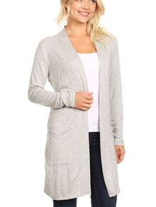 Classic Open Front Long Sleeve Cardigan With Side Pockets  Plain  Casual    Pocket      Daily - 希瑟.格雷 - 查看 2
