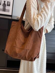 Fashionable Casual Versatile Solid Color Large Capacity Tote Bag - Brown - View 2