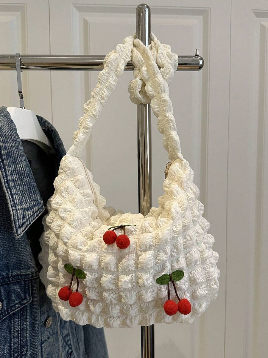 柔软手感大容量樱桃女士单肩包休闲通勤蓬松云皱款式韩版时尚 - 白色 - 查看 1