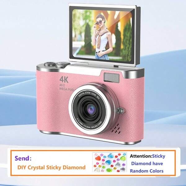 Cámara digital con zoom 18X, pantalla HD giratoria de 2.4 pulgadas, videocámaras digitales compactas y creativas para uso estudiantil, cámara CCD con pegatinas de cristal DIY gratis