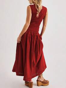 Women Long Skirt 2 Pieces Set Hollow Out Eyelet Lace Tie Front Vest And Skirt 2PCS Outfits Vintage Solid Color Set - Đỏ - Xem 2