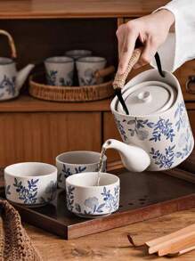 1 Set de tetera con taza de té de estilo japonés, con capacidad grande y asa con diseño floral, juego de té de porcelana blanca gruesa y vintage con filtro, tetera de cerveza de restaurante, de vuelta a la escuela