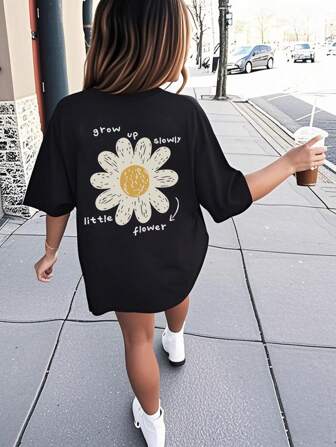 T-shirt à manches courtes col rond imprimé noir, décontracté pour filles/adolescentes, Top d'été