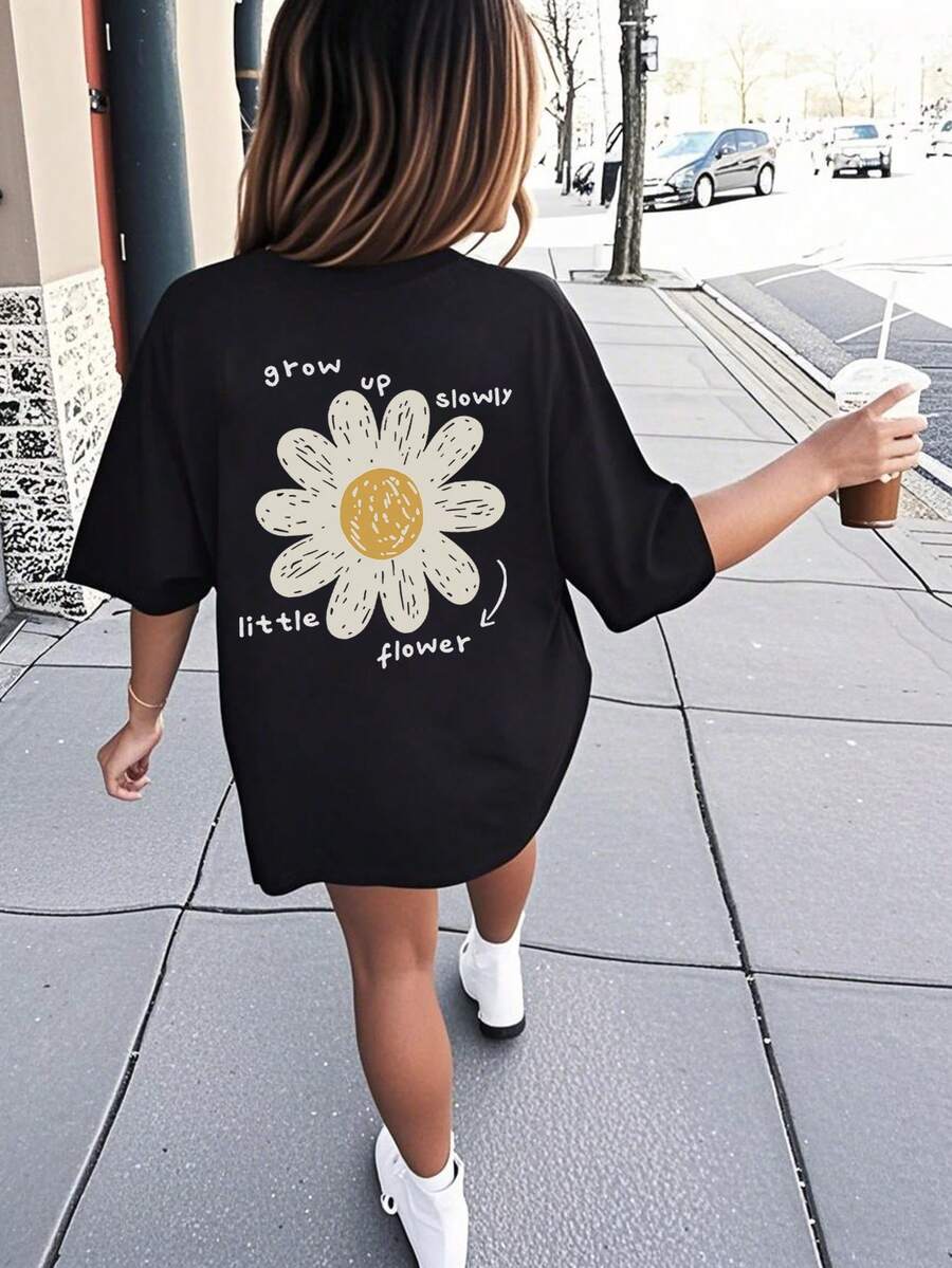 Girls/Teens Casual Print Black Round Neck Short Sleeve T-Shirt, Summer Top - Black - View 1