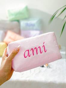 Customized Text Women's Makeup Bag, New Solid Color Fashion Unique Creative Makeup Bag, Outdoor Casual Versatile Gentle Style Handbag, Travel Organizer Pouch - Multicolor - View 5