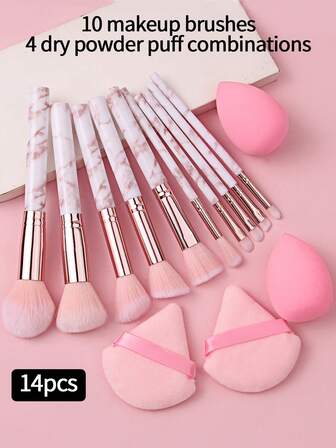 10支樱花粉色大理石纹化妆刷套装 + 4个粉色化妆海绵，柔软不掉毛，适用于腮红、眼影、高光，推荐给新手和日常妆容，便携易收纳。化妆刷套装，化妆刷套装，化妆刷套装，全套化妆刷，化妆套装，化妆刷套装，化妆礼盒套装