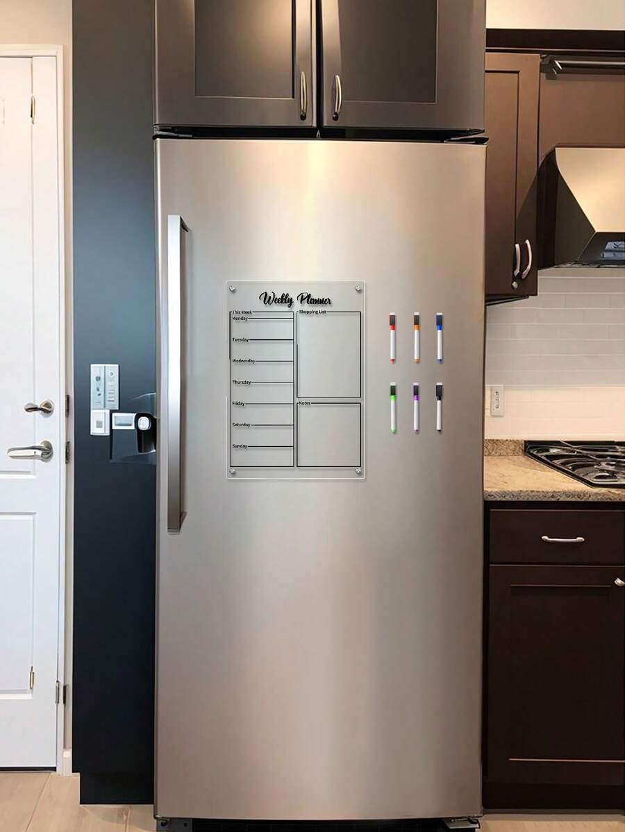 1 Set Magnetic Transparent Acrylic Weekly Planner Whiteboard, Erasable Magnetic Fridge Sticker (Includes 6 Random Color Whiteboard Markers)