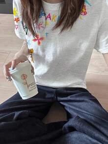 女款美式風格重磅學生夏季復古印花短袖T恤，含設計元素 - 白花灰色 - 查看 5