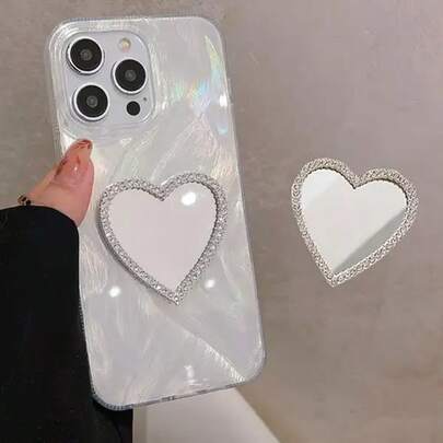 1pc Makeup Mirror For Mobile Phone Case, Bling Rhinestone Mirror With Gold Zinc Alloy Frame, Heart/Bear/Cat Paw Slim Pasteable Mini Makeup Mirrors For All Phones Case Decoration