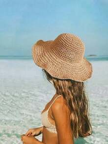 1 件纯色钩针大帽檐可折叠草帽，带可调节带子，非常适合春秋旅行、海滩度假、防晒、Y2K 风格、青春牛仔帽 - 圓頂草帽 - 查看 9